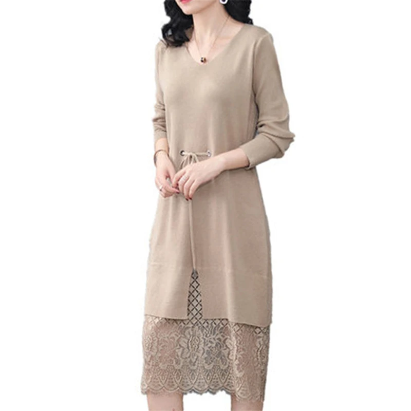 Женский трикотажный пуловер облегающее кружевное длинное платье с V-образным