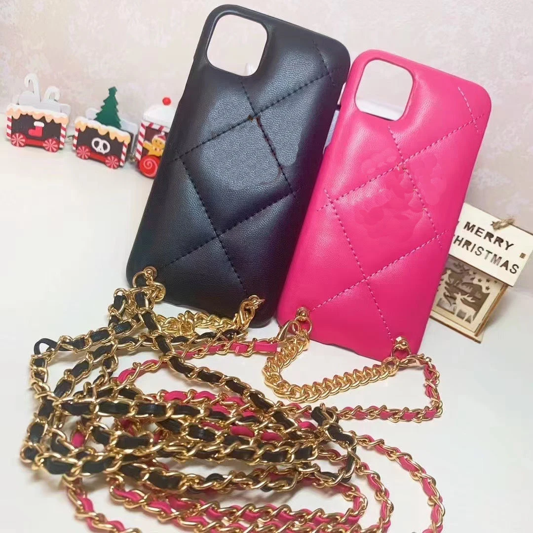 

For IPhone 12 11 Pro Max 8 Plus XR XS Cover Phone Crossbody Bag 2021 CC Latest Double Chain Strip PU Leather Quality Phone Case