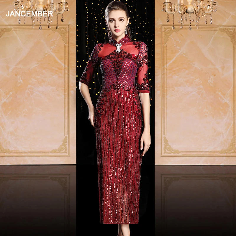 

J9039 jancember evening dresses long luxury high neck half tulle sleeve sequin lace red prom dress robe de soiree grande taille