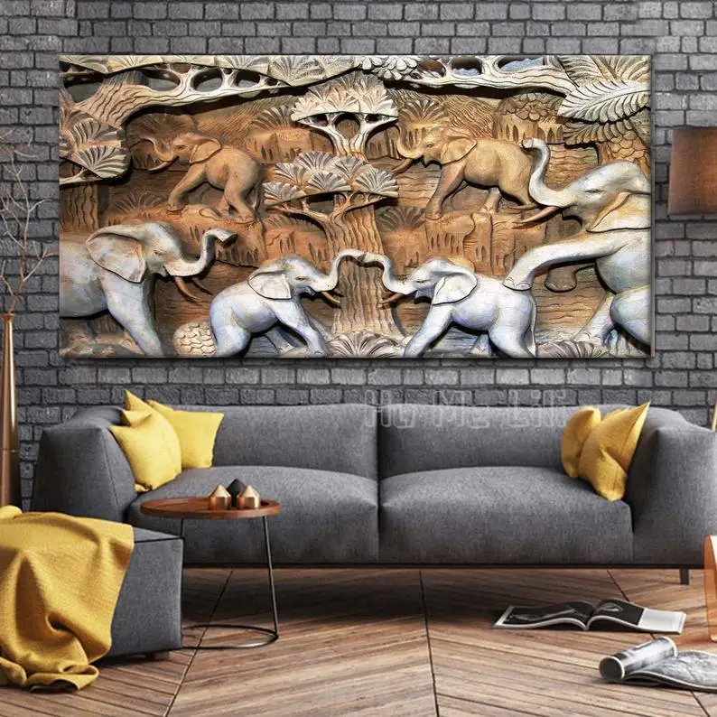

African Elephant Design Oil On Canvas Engraving Interior Unique Wall Hanging