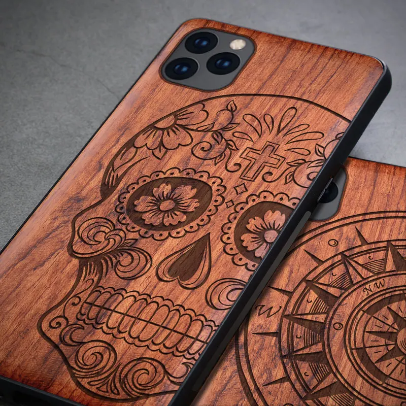 Carved Real Wood Case for iPhone 11 Wooden TPU Frame Skull Wave Flora Pro Max 7 8 Plus XS X XR |