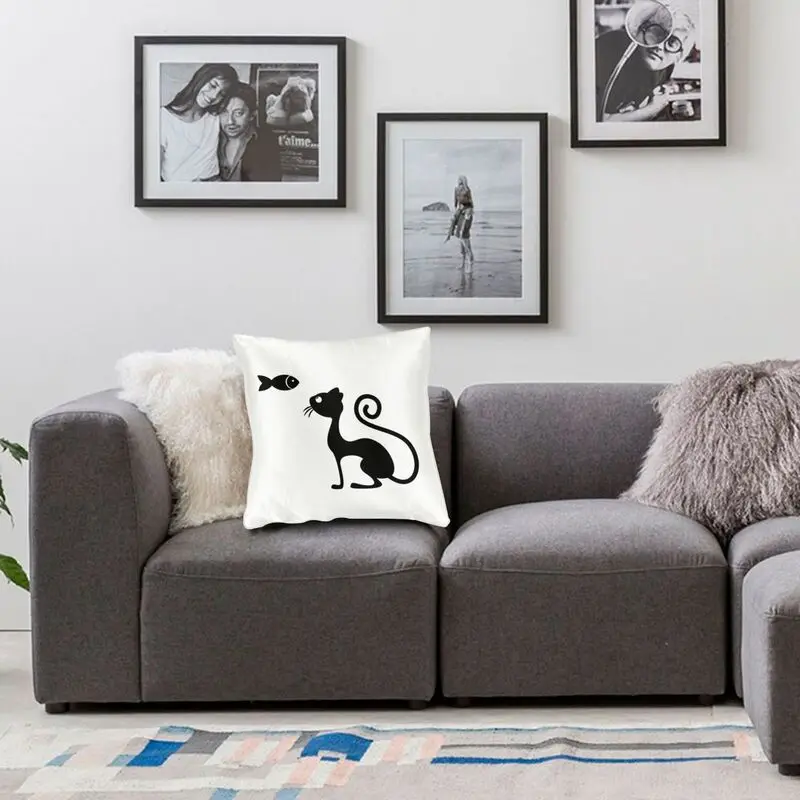 

Funny Cartoon Black Cat And Fish Cushion Cover Double Side Printing Animal Floor Pillow Case for Sofa Cool Pillowcase Home Decor