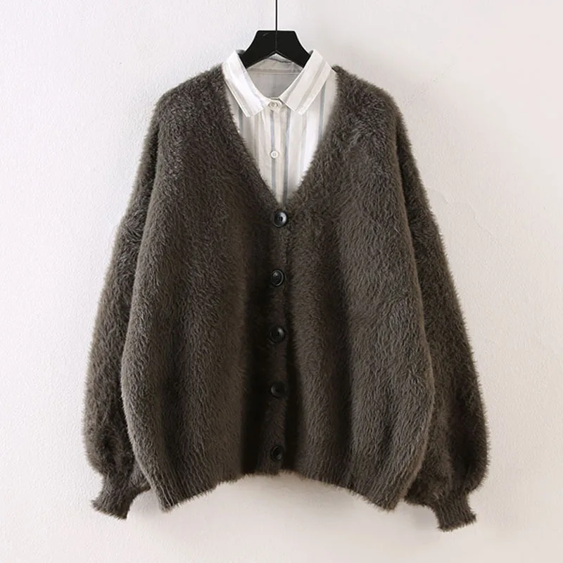 

SuperAen 2021 New Imitation Mink Plush Thickened Sweater Coat Autumn Fashion Solid Loose V-neck Knitted Cardigan Women
