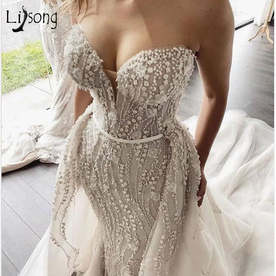 Свадебные платья с жемчужинами и бусинами Русалка 2020 со съемным шлейфом