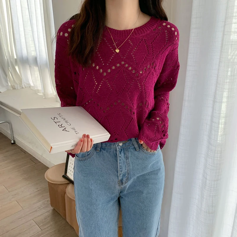 2021 Women Autumn Hollow Out Loose Sweater Knitwear Outwear Fashion Ladies Casual Street Elegant Stretch Pullover Tops Sweater
