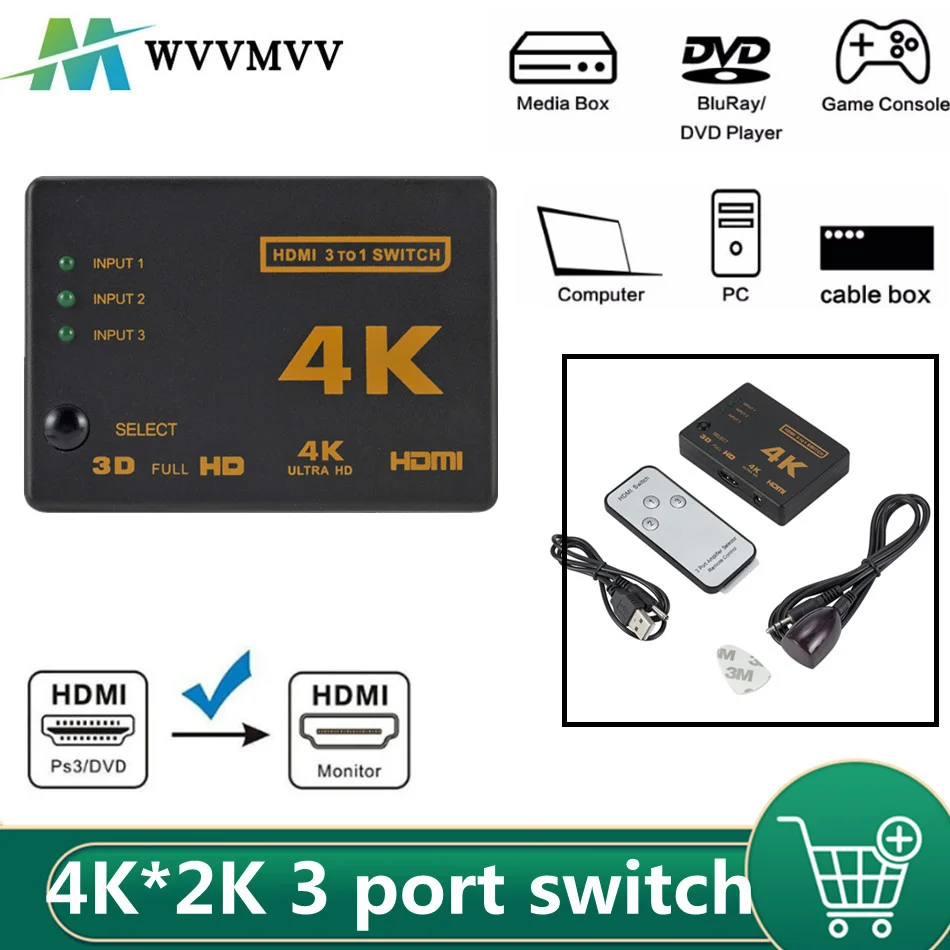 1080P 4K*2K HDMI Video Switch Switcher HDMI -compatibleSplitter 3 input 1 output Port Hub for DVD HDTV Xbox PS4 PS3