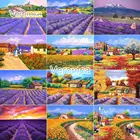 Алмазная 5D живопись сделай сам, картина с лавандой, фиолетовыми, желтыми подсолнухами, пейзажем, провансом, полноразмерная, круглая, вышивка, домашний декор