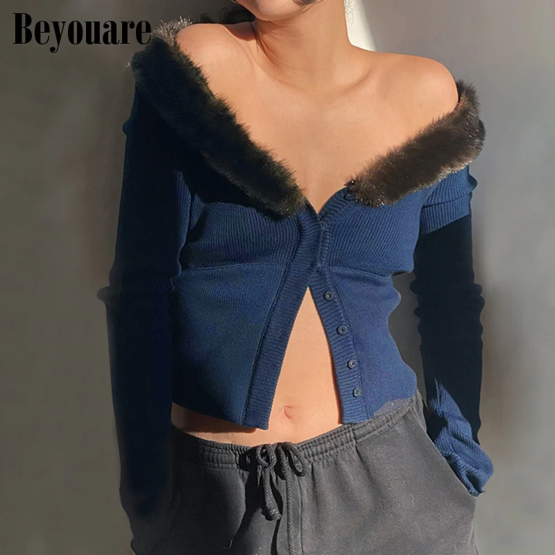 

Beyouare Sexy Feather Collar Outerwear Women Fluffy Slash Neck Long Sleeve Button Slim Knit Cardigans Autumn Fashion Cropped Top