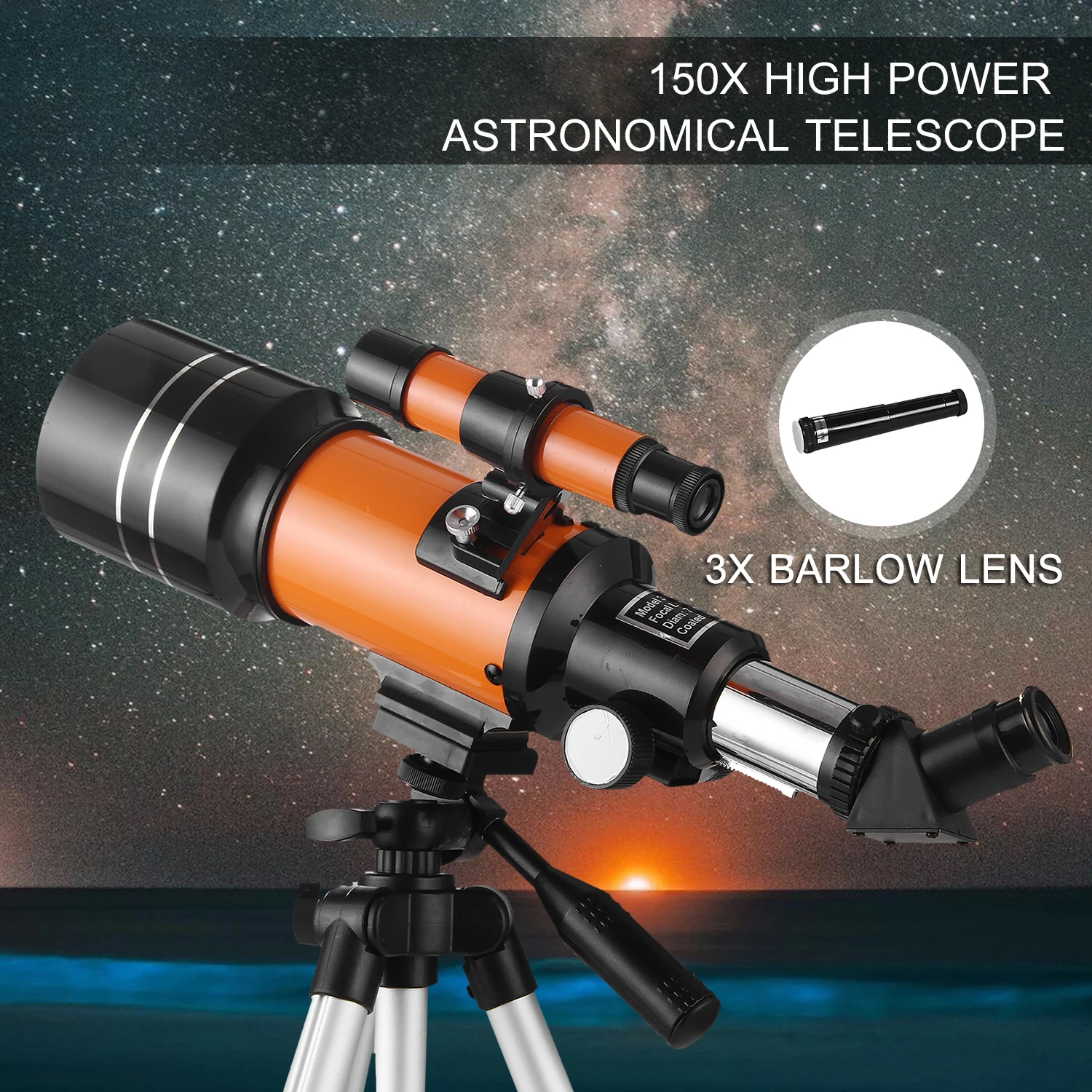 

70mm Astronomical Telescope 150X High Power Monocular Telescope Refractor Spotting Scope 5×24 Finder Scope Tripod Moon Filter