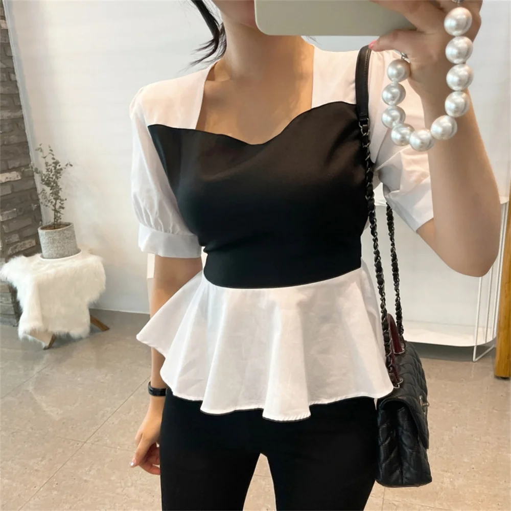 

HziriP Femme Color-Hit Sweet Gentle Lace-Up Tops Summer 2021 Square Collar Lady Elegance Shirts Plus New OL Streetwear Blouses