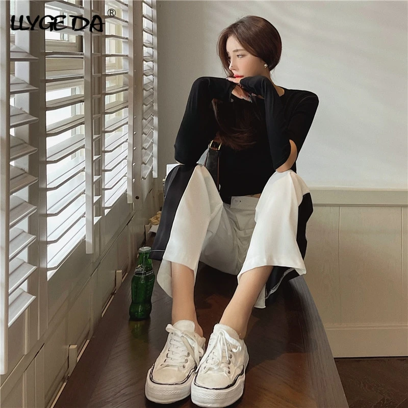 

Women's Vintage Black White Stitching Pants High Waist Trouser Thin Wide Leg For Female 2021 Summer Fashion Casual Suit Pant