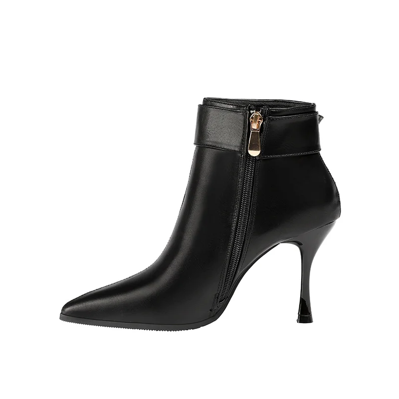 

New Ankle Boots Fashion Buckle Strap 9cm High Heels Pointy Shoes Side Zipper Winter Boots Metal Decoration Pointed Toe Shoes