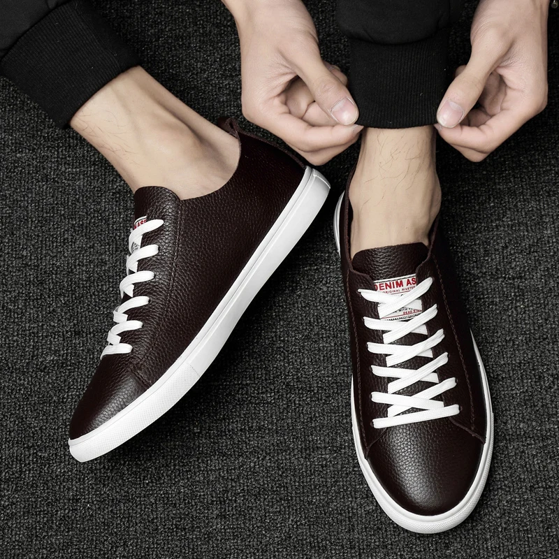 

New Genuine Leather Men Casual Shoes Breathable Wear Resistant Leisure Walk Shoes Lace-up Solid Comfy Fashion Flat Mens Sneakers