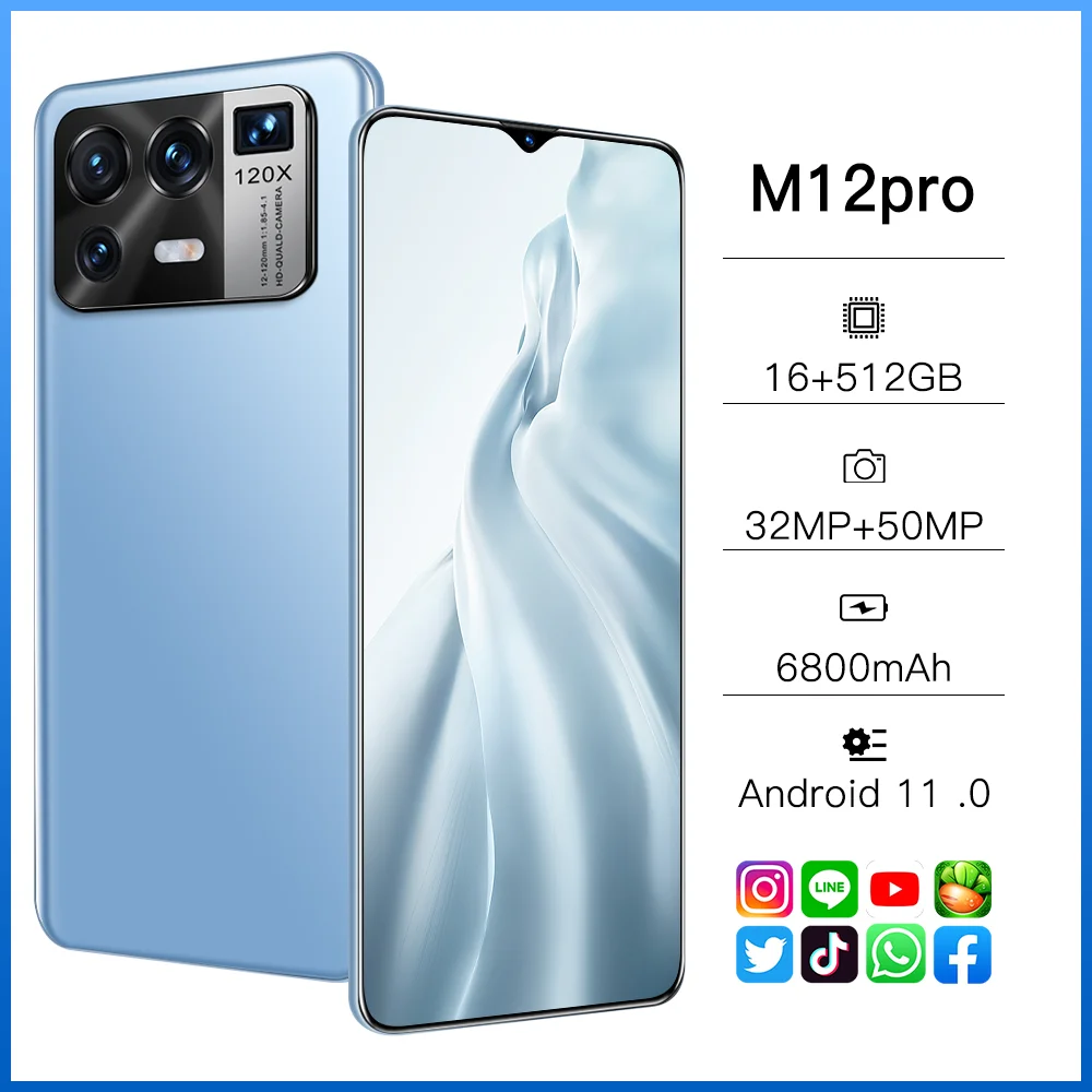 

2021 New Arrival Smartphone M12pro 16G+512G Snapdragon888 Deca Core 6.7Inch Full Screen Mobile Phone Dual SIM Unlock Telephone