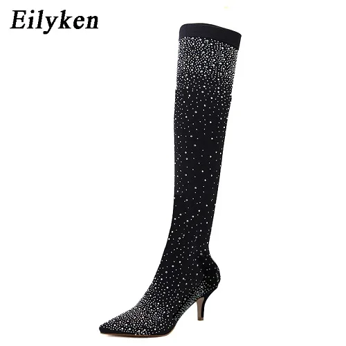 Black 7CM Eilyken/ дизайн; модные сапоги выше колена с острым носком и украшением в виде кристаллов; высокие женские сапоги; Клубные сапоги-носки на высоком каблуке; Размеры 35-43 - Цвет: Black 7CM