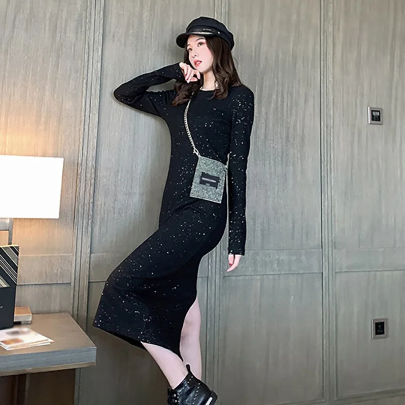 M блёстки черное элегантное женское Макси длинное платье осень новая мода с