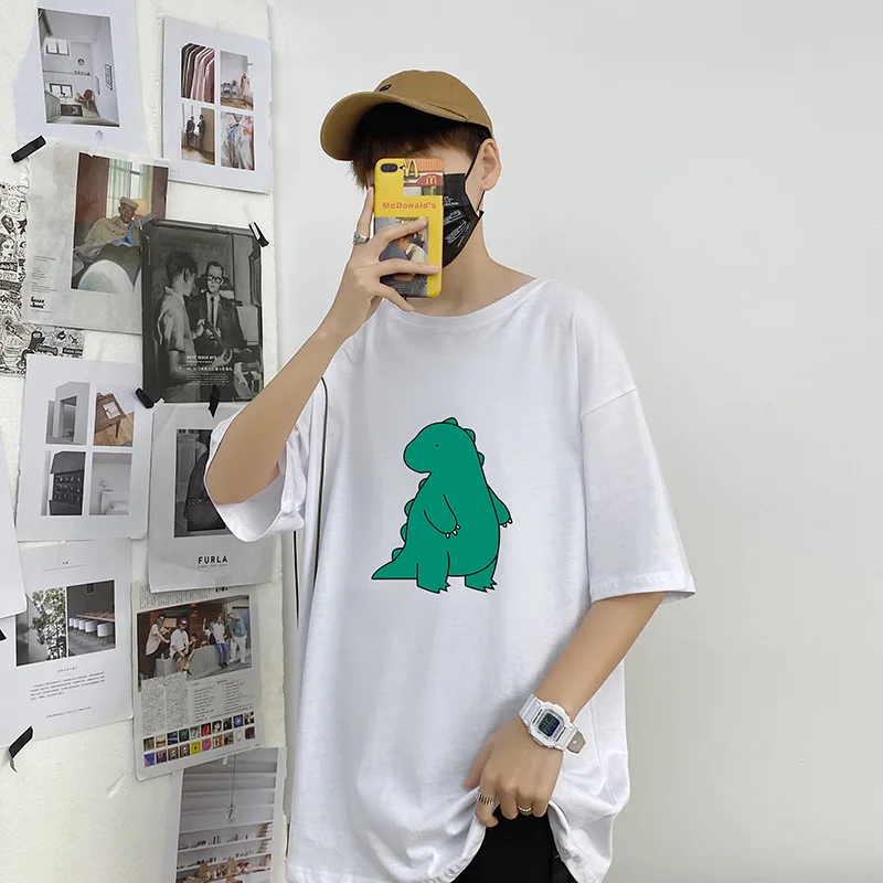 Летняя мужская футболка с мультипликационным принтом динозавра уличная одежда в