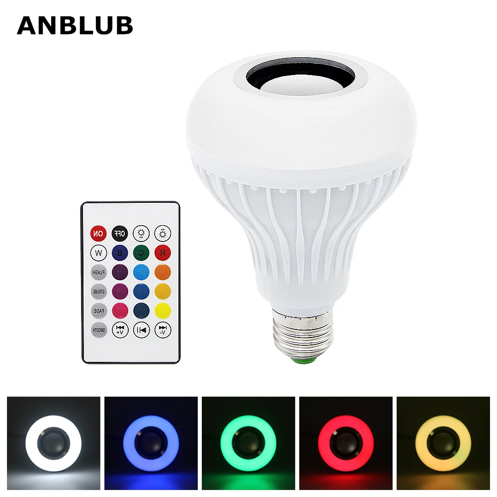 ANBLUB Смарт E27 светодиодный RGB лампы Беспроводной Bluetooth Динамик музыкального проигрывателя, аудио с регулируемой яркостью светильник с лампой 24 кнопок пульта дистанционного управления, Управление