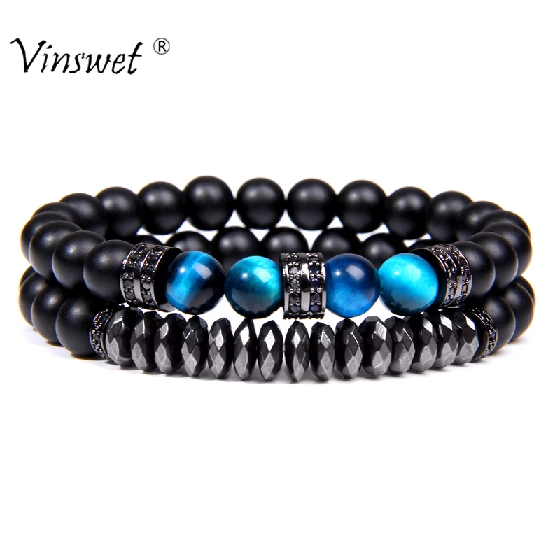 Модный мужской браслет с фианитами 2 шт. 8 мм тигровый глаз бусины гематитовыми