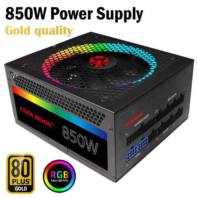 

Блок питания Coolmoon для компьютера, цветной тихий блок питания ATX мощностью 850 Вт с RGB-индикатором, электромеханический блок питания для настол...