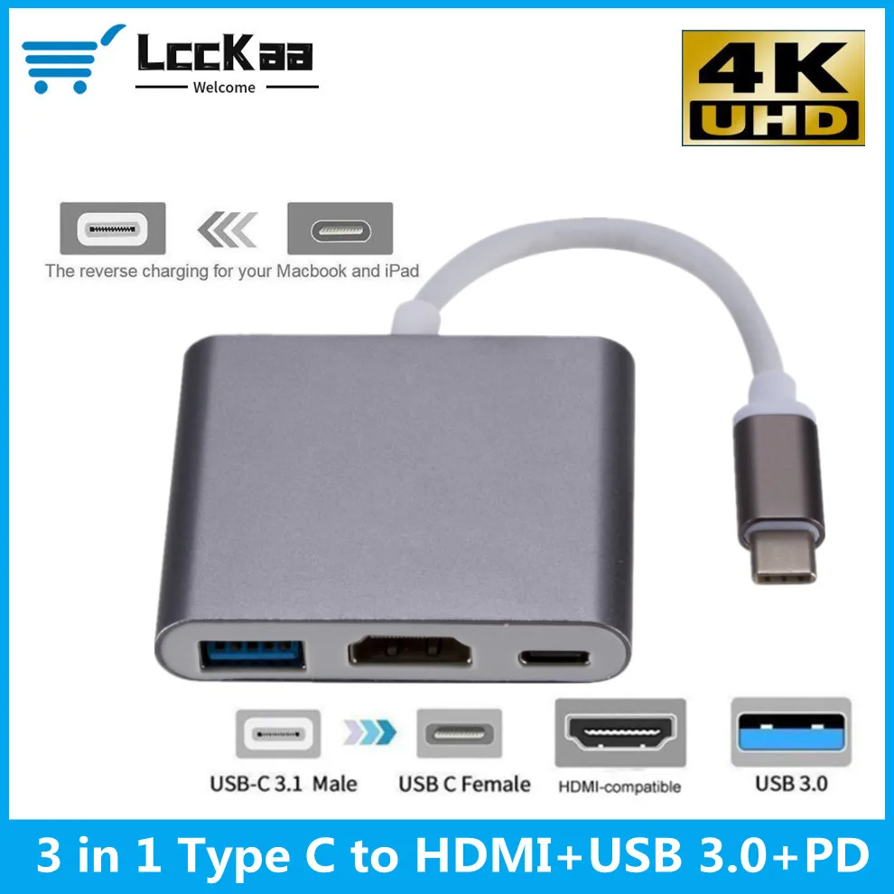 

LccKaa 3 in 1 USB C To HDMI-compatible USB 3.0 Charging Adapter Type C 3.1 Hub for Mac Air Pro Huawei Mate30 Samsung S9 Plus