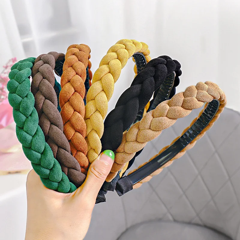 

Однотонная плетеная коса в европейском и американском стиле, плоская оплетка из оленьей кожи, бархатная плетеная повязка на голову, Женская...