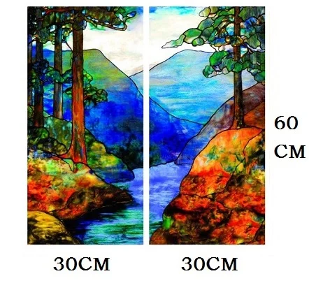 FJ003 30CMX60CMX2pcs Пейзажная живопись, стеклянная пленка, витражное окно, непрозрачная пленка, самоклеющаяся/статическая пленка для квадратного окна, изготовление на заказ - Цвет: FJ003 30CMX60CMX2pcs