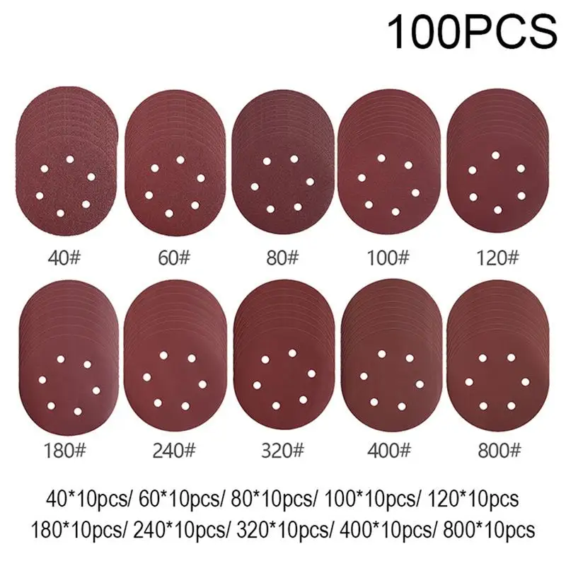 

100 PCS Sanding Disc 5 Inch 125mm 6 Holes Round Sandpaper 40/60/80/100/120/180/240/320/400/800 Grits Assorted Sand Paper