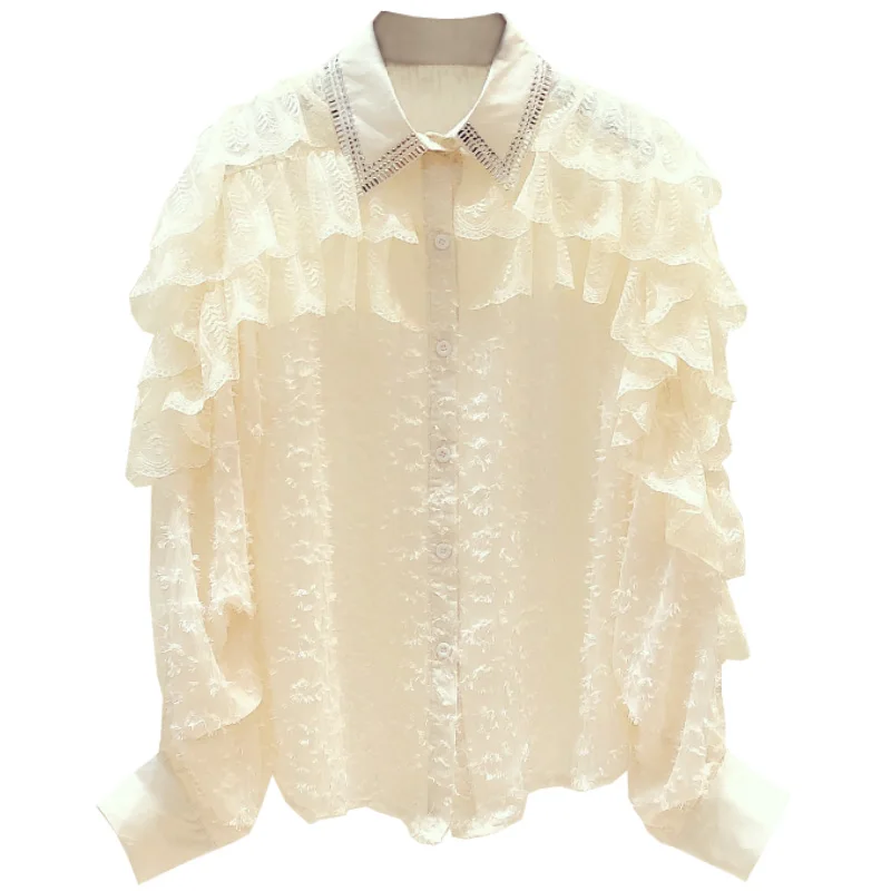

Diamond Lapel Woman Lace Panel Mesh Ruffle Shirt Women's 2020 Spring New Women's Blouses and Tops Blusa Feminina Ropa Mujer