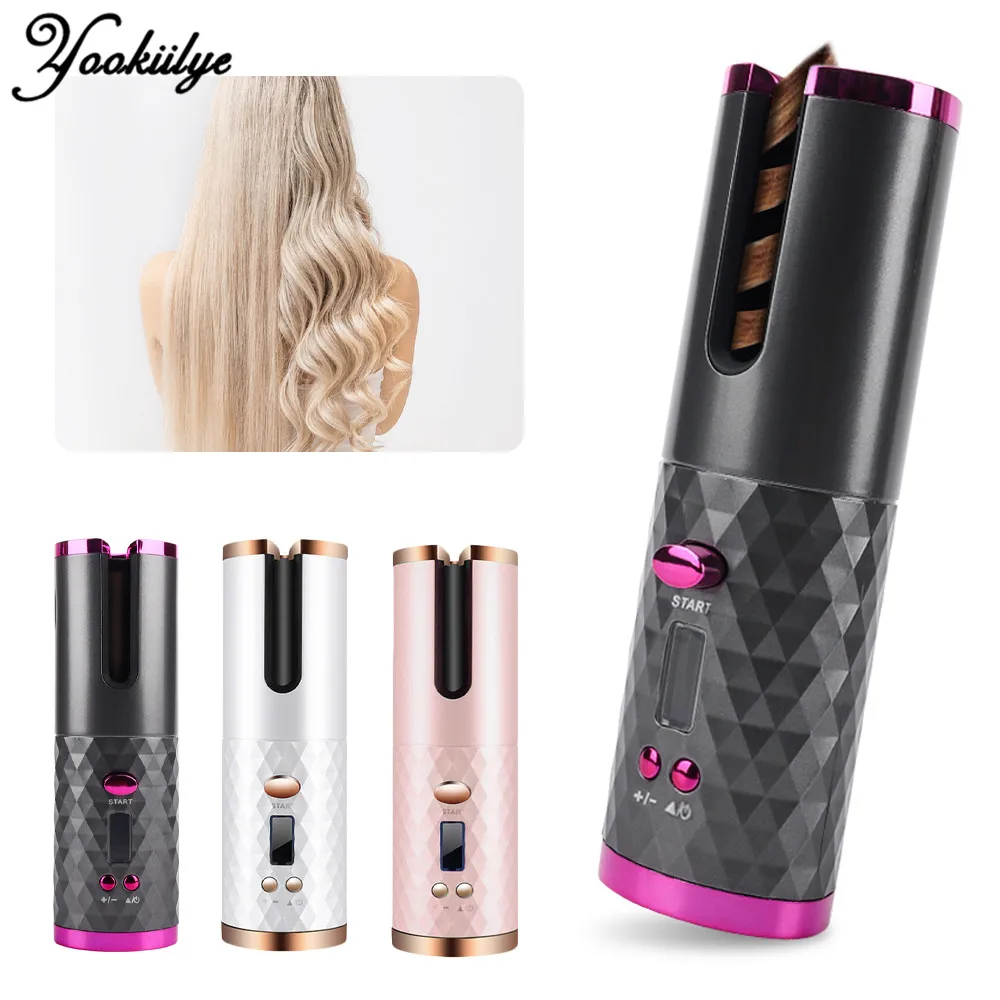 

Cordless Automatic Hair curler USB Rechargeable Curling Iron Curls Waves LCD Display Ceramic Curly Rotating Curling for Women