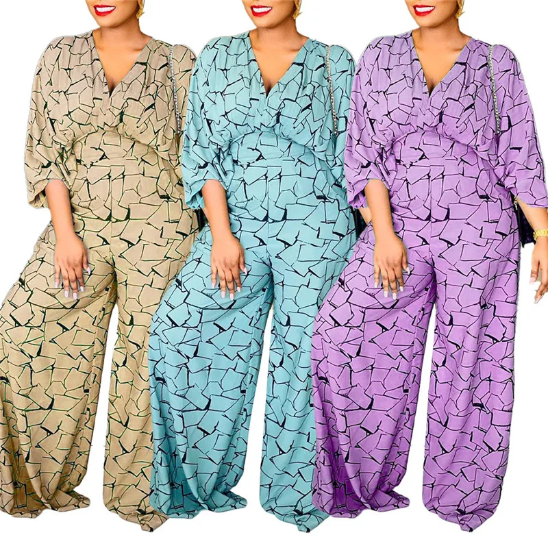 

2021 Dashiki African Fashion Clothes for Women Loose Casual V-Neck Half Sleeve Wide Leg Jumpsuit Evening Dresses Large Sizes
