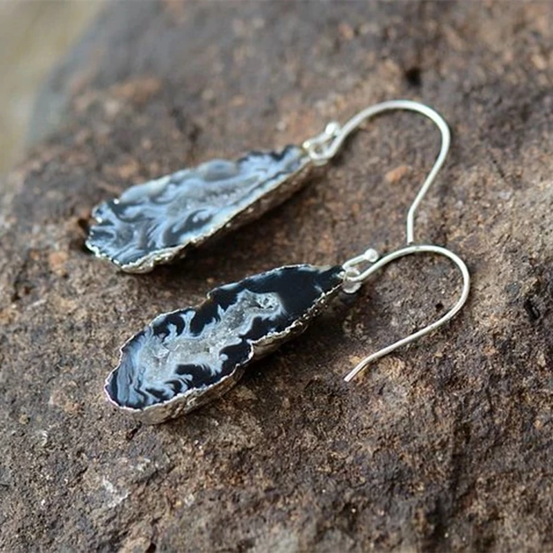 silver plated-black Натуральная Друза, висячие серьги, форма, Agates Drusy Femme, ювелирные изделия, серьги-крючки, оникс, Агаты, кристаллы, женские серьги, Прямая поставка - Окраска металла: silver plated-black