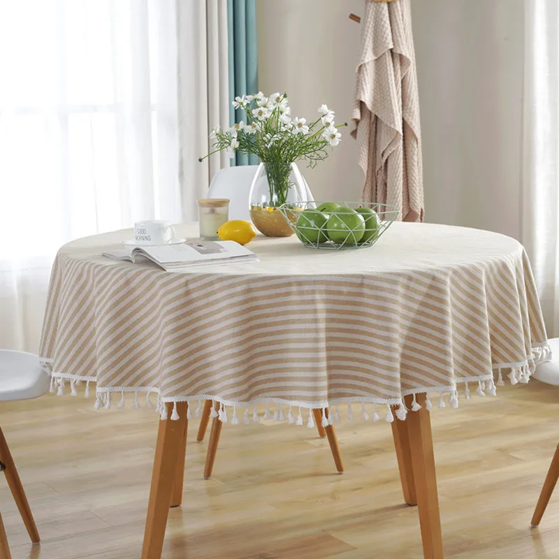 Beige stripes Полосатый пыленепроницаемый кисточкой Декор для дома, настольный чехол из хлопка, льна для обеденный кухонный стол круглый прохода гостиная скатерти - Цвет: Beige stripes