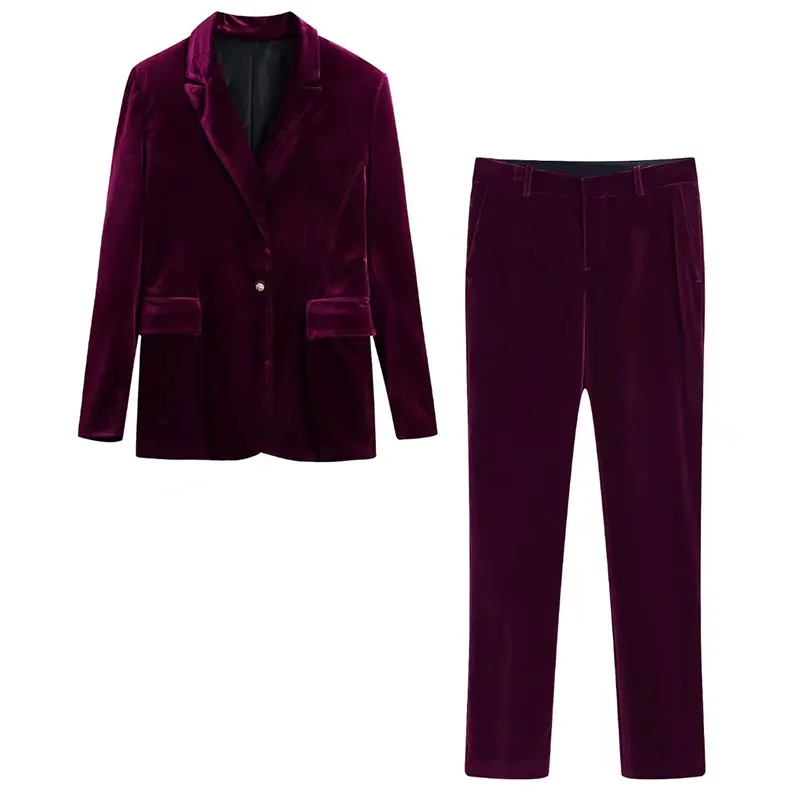 

Nlzgmsj ZBZA Women 2022 Fashion Velvet Suit Red Wine Red Green Blazer Coat Jacket and Wide Leg Trouser Two Piece Set 202211