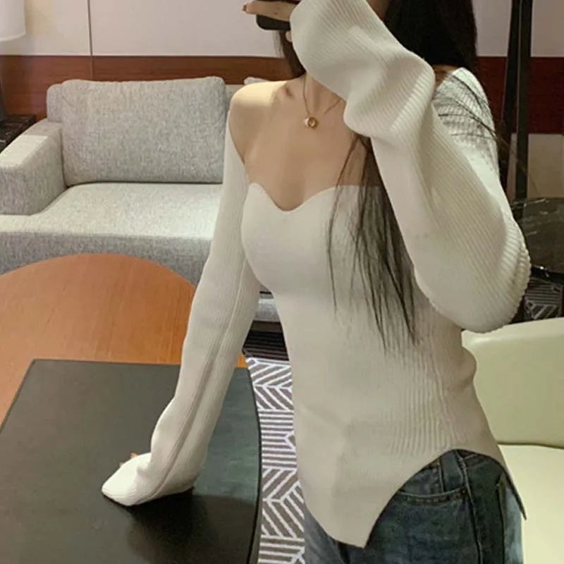 Цельный вязаный свитер весна-осень 2020 пикантный Женский пуловер без бретелек с