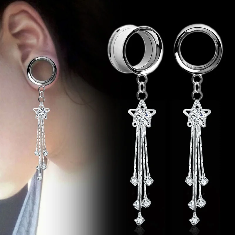 

2 Pcs/Pack Crystal Star Dangle Ear Plugs and Tunnel Ear Gauges Srew Fit Ear Reamer expansiones de oreja Flesh Piercing 4-25mm