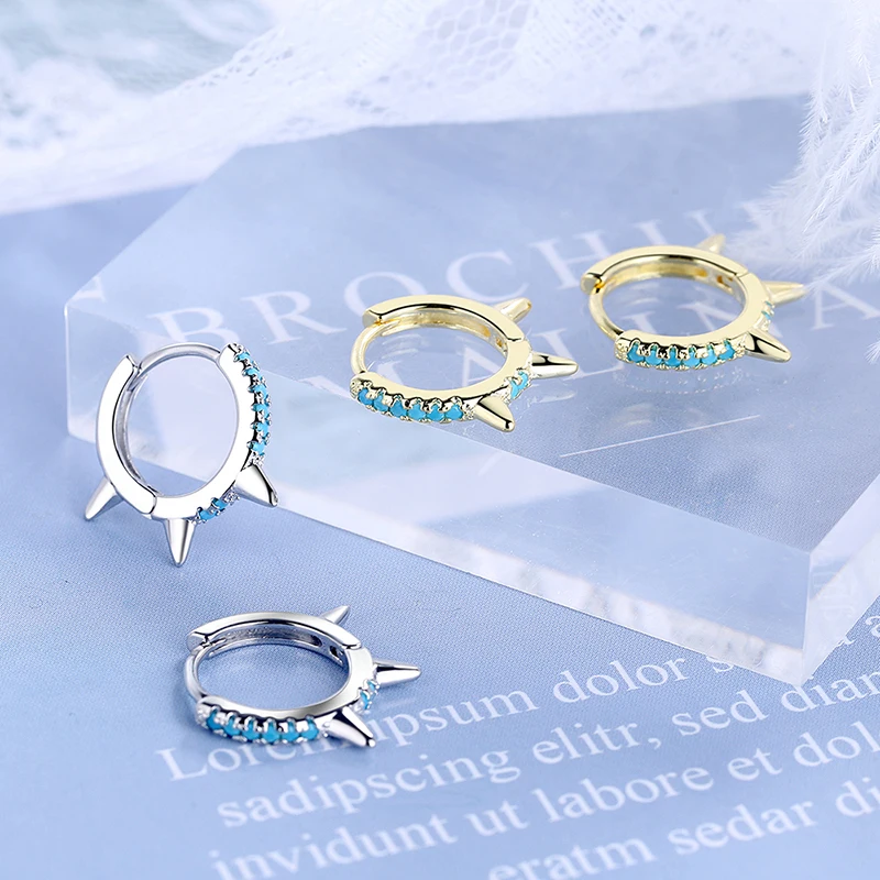 

Women's Fashion Blue Turquoise Small Hoop Earrings Shiny Crystal Pave Tiny Huggies Cone Thin Hook Piercing Earring Accessories