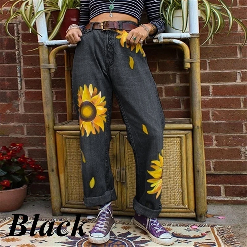 Женские повседневные свободные джинсы с принтом подсолнуха джинсовые брюки