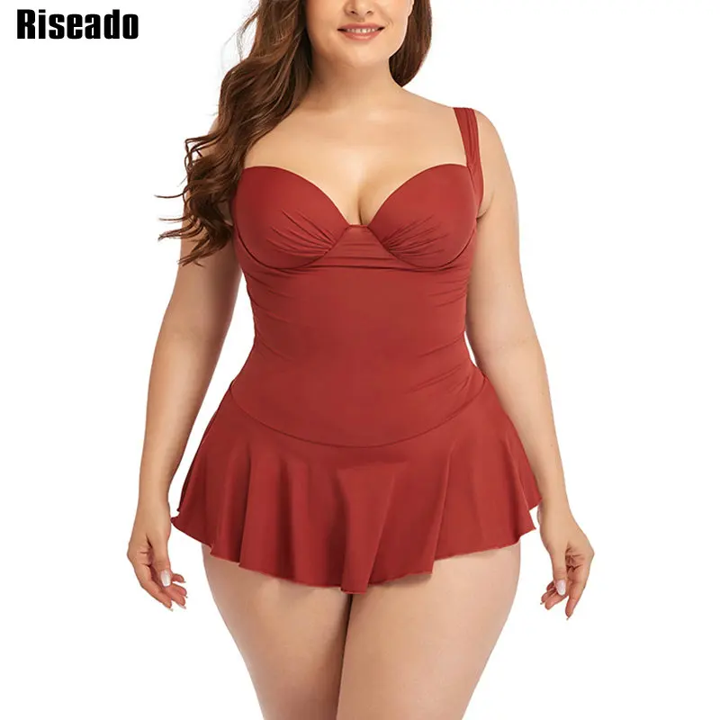 Женский купальный костюм с рюшами Riseado открытой спиной красный на бретелях 2021