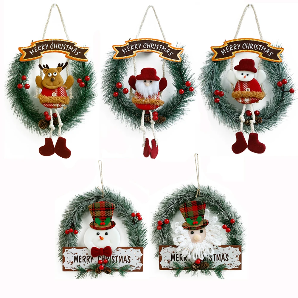 

Christmas Wreath Rattan Garlands Oranments With Elk Snowman Santa Claus Christmas Decor for Home New Year Navidad Door Pendants