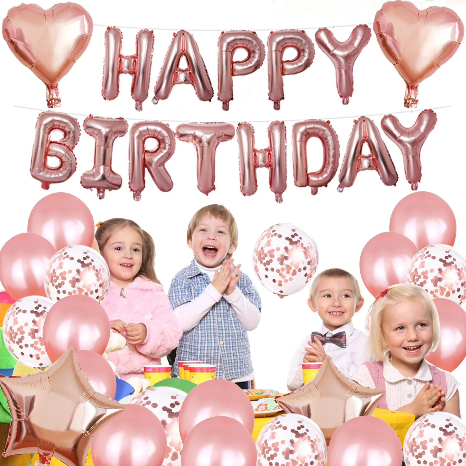 

Rose gold theme happy birthday balloon set five-pointed star heart-shaped aluminum foil balloon birthday party decoration