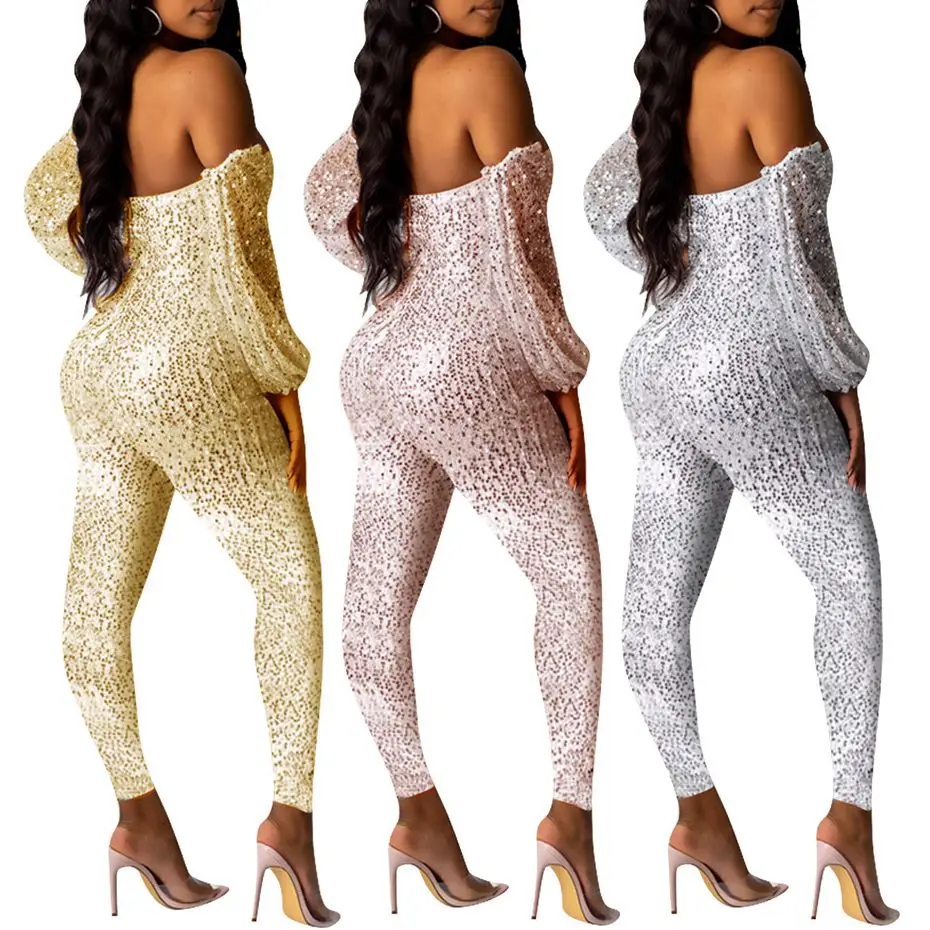 HAOYUAN Sexy Sequin Jumpsuit Women Off Shoulder Lantern Sleeve Overalls Romper One Piece Outfit Streetwear Rave Bodycon Jumpsuit