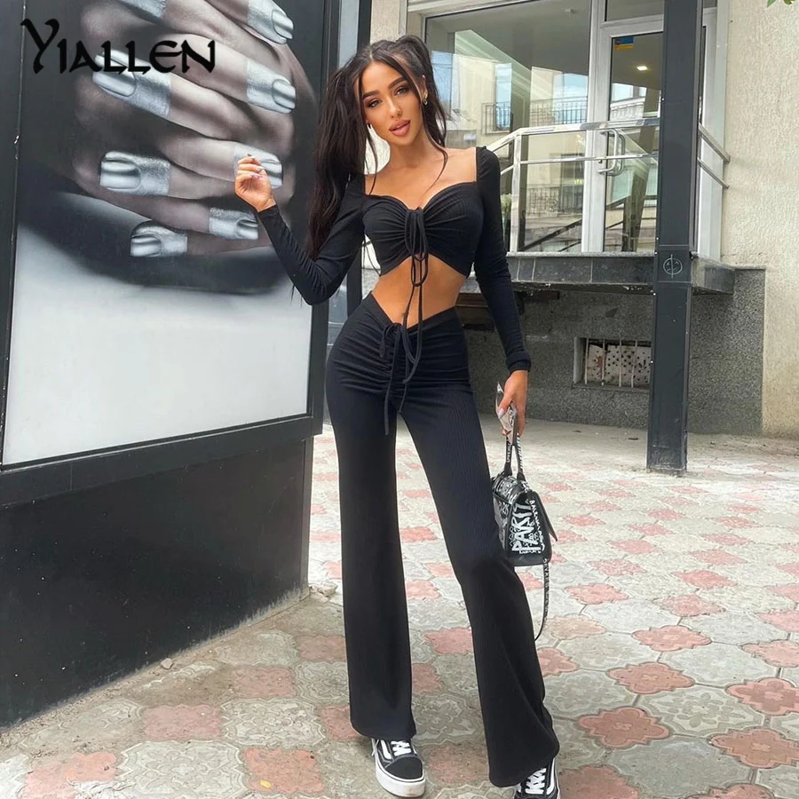 

Спортивный костюм Yiallen, эластичный облегающий топ в рубчик и прямые брюки, подходящие повседневные облегающие наряды, Лидер продаж