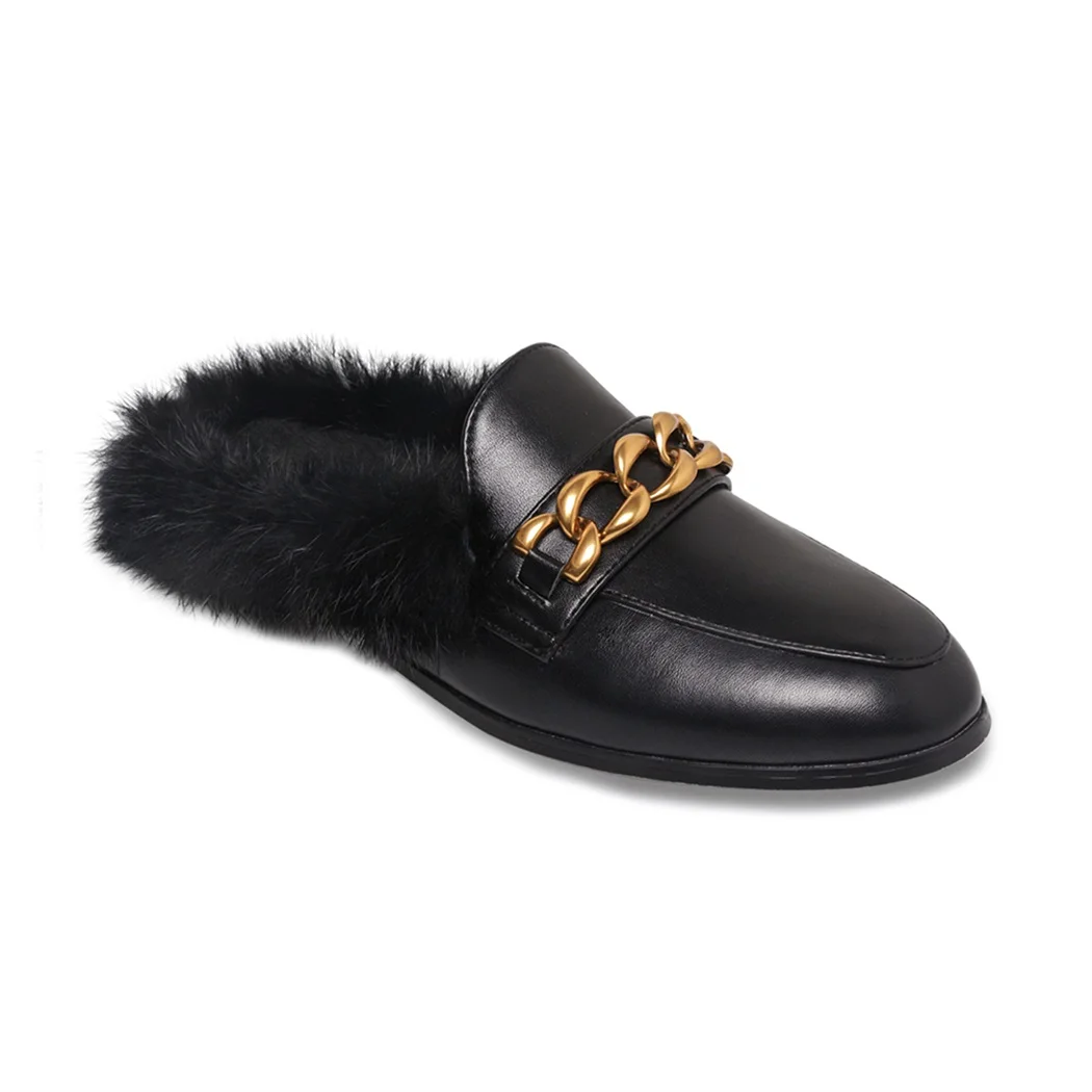 

WETKISS Women Crystal Mules Loafers Flats Roud Toe Furry Slipper Chain Decor Footwear Ladies Rhinestone Casual Fluffy Shoes 2021