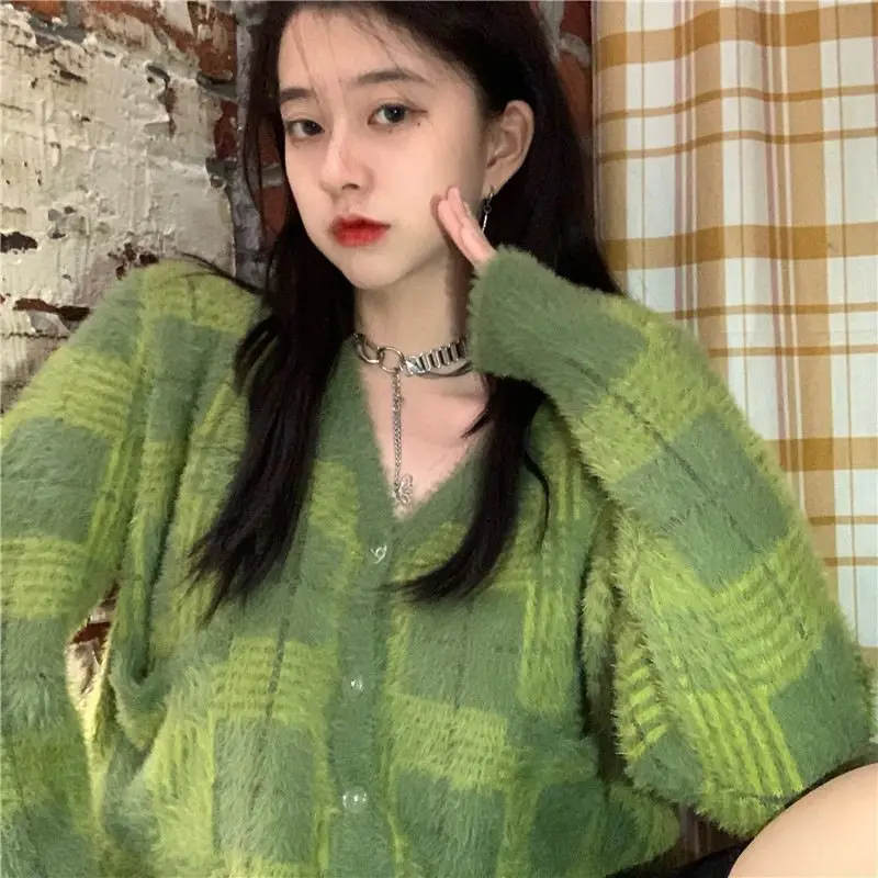 2021 Women Green Plaid Cardigan Autumn Mink Fur Clothes Top