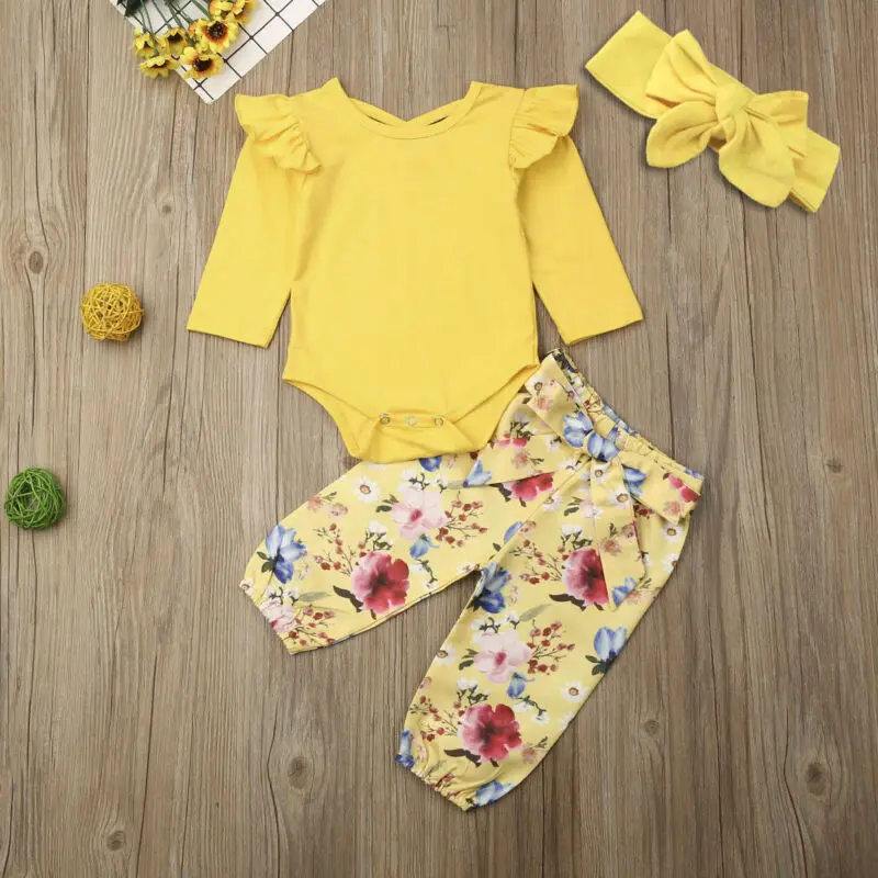 

Toddler Infant Baby Girl Clothes Tops Romper Floral Pants Headband Outfit 3PCS