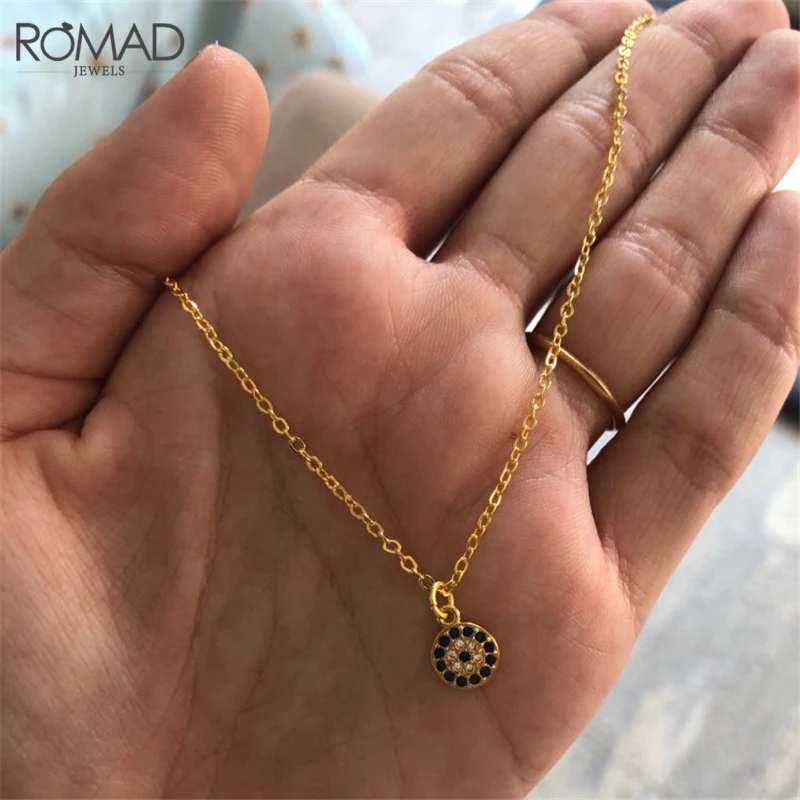 ROMAD ожерелье от сглаза женское голубой фианит круглое ожерелье серебряная Роза Золотая цепочка-чокер ожерелье ювелирные изделия в стиле минимализма R50