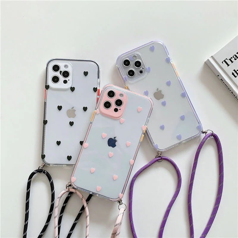 

New Love Heart Strap Cord Chain Transparent Phone Case For IPhone 12 Mini 11 Pro XS Max XR X 7 8 Plus Neck Lanyard Carry Case