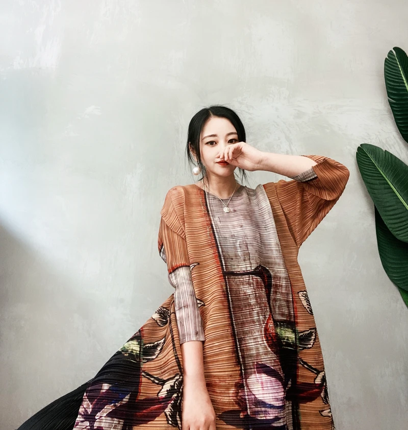 LANMREM 2021 Новое Осеннее плиссированное платье средней длины с круглым воротником и