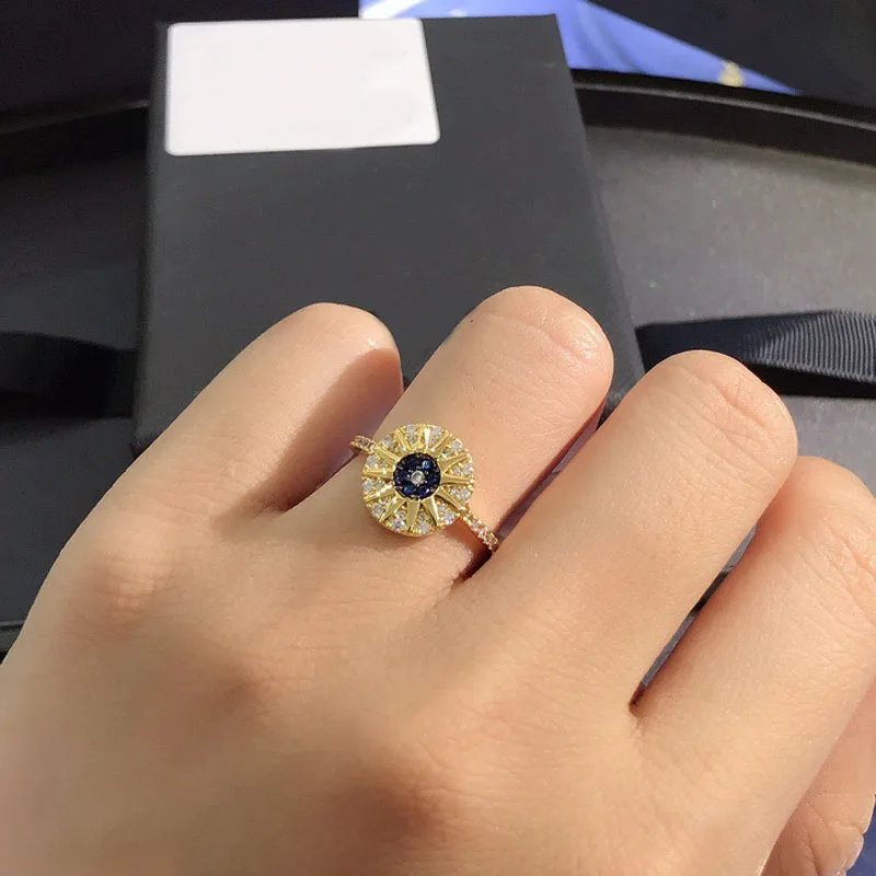 

UMGODLY High Quality Fahsion Ring Yellow Gold Color Tropical Affair Sun Ring with Blue Cubic Zirconia Stones Women Brand Jewelry